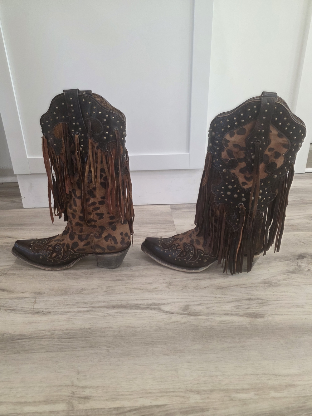 Corral A3618 Women's Sz 8M Leopard Print Fringe Studded Western Cowboy Snip Toe - Picture 5 of 7